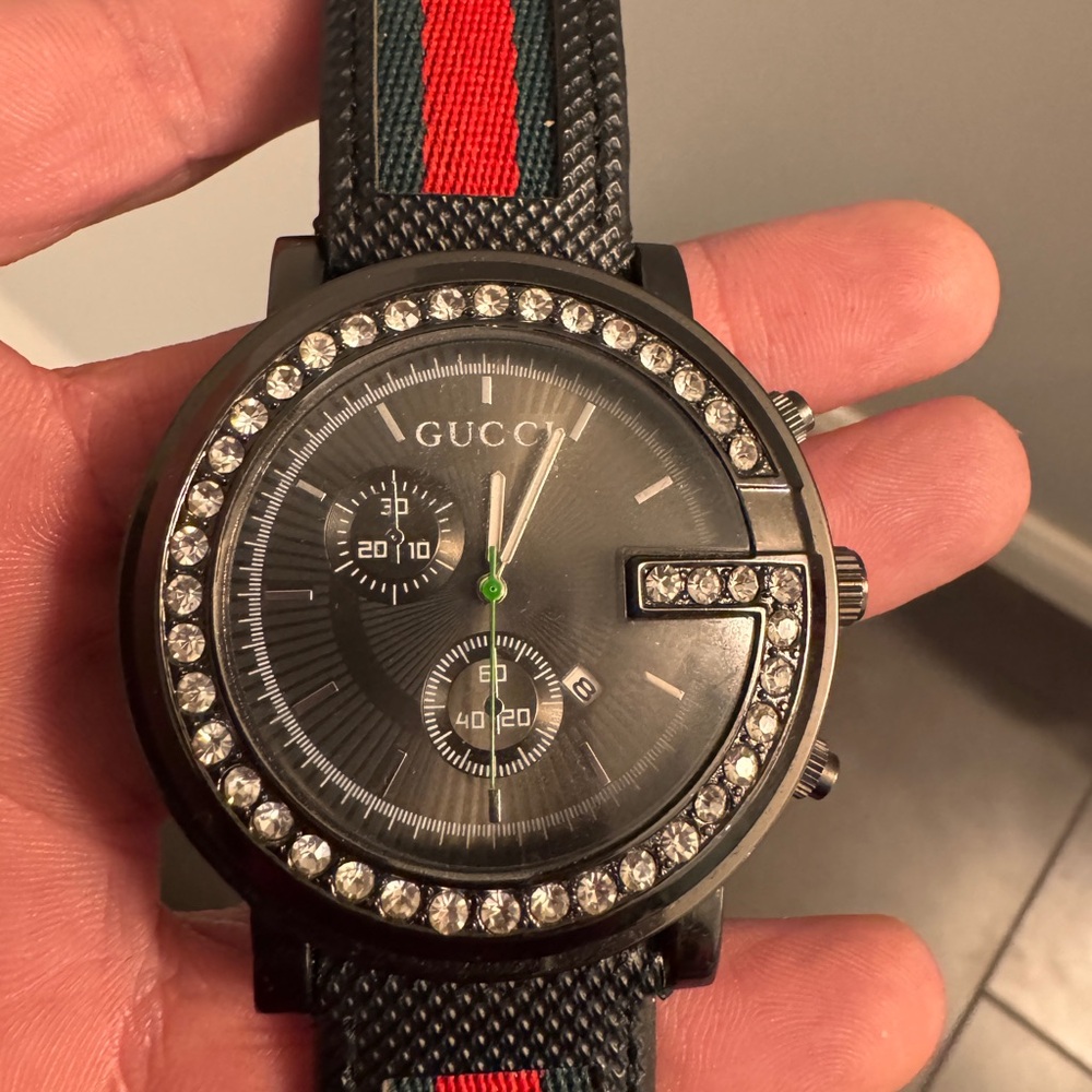 Gucci Black Dial Watch with Crystal Bezel and Red/Green Stripe Strap